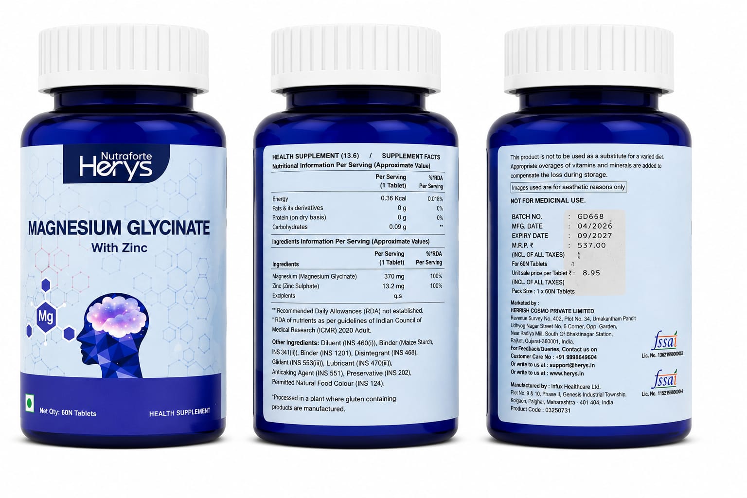 Herys Nutrafort Magnesium Glycinate Supplement 2000mg Per Serving | Magnesium Supplement Supports Muscle Recovery & Better Sleep - 60 Veg Tablets