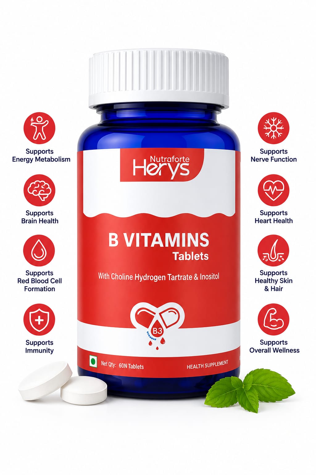 Herys Nutrafort Vitamin B-Complex Tablets - 100% RDA for B Vitamins with B1, B2, B3, B5, B6 & Vitamin B12