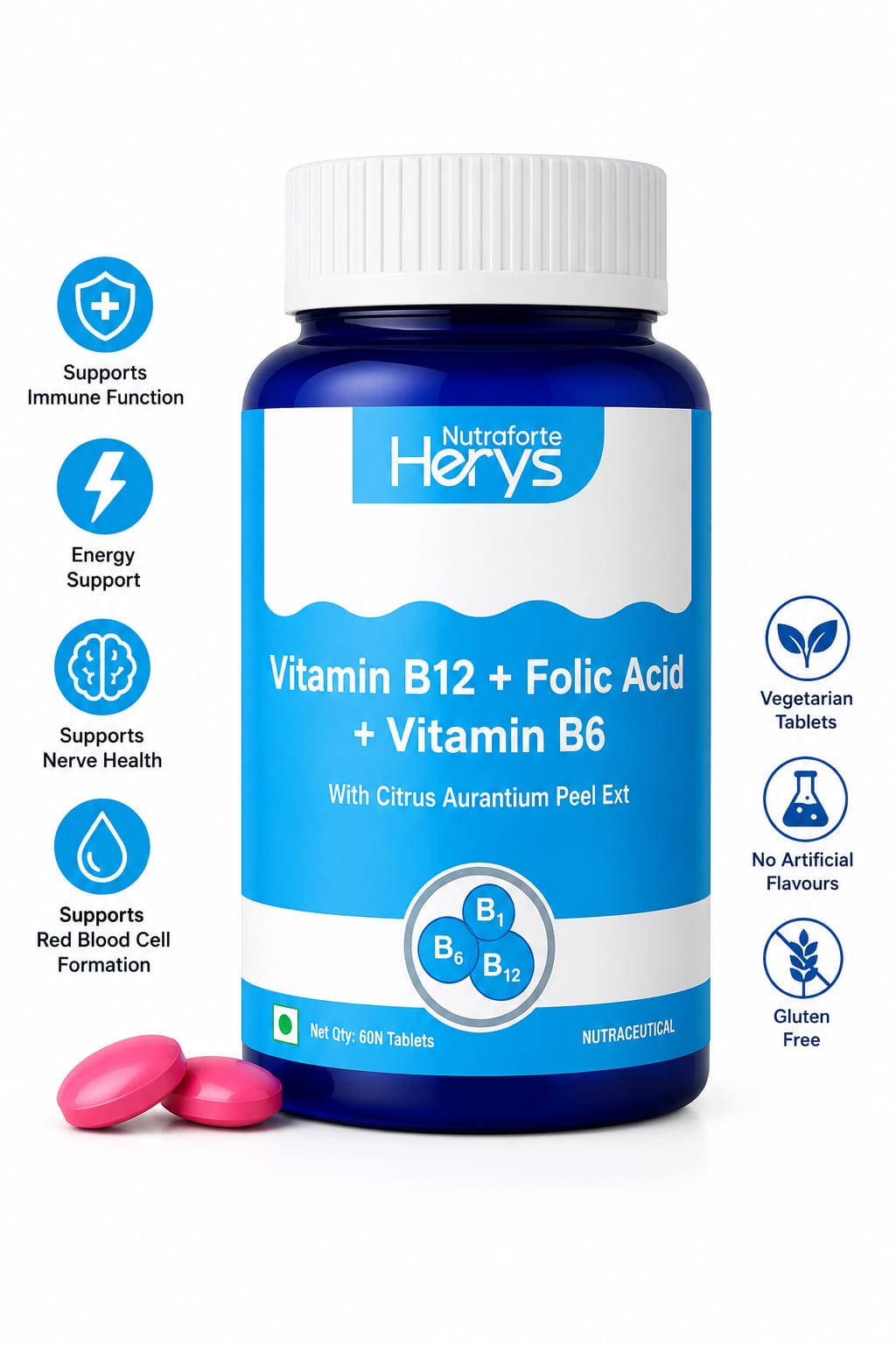 Herys Nutrafort Vitamin B12 with Vit B1, Vit B2, Vit B6, Vit B9 | Vitamin B12 Supplements for Men &amp; Women | Methylcobalamin with Vit B1, Vit B2, Vit B6, Vit B9 Tablets - 60 Tablets