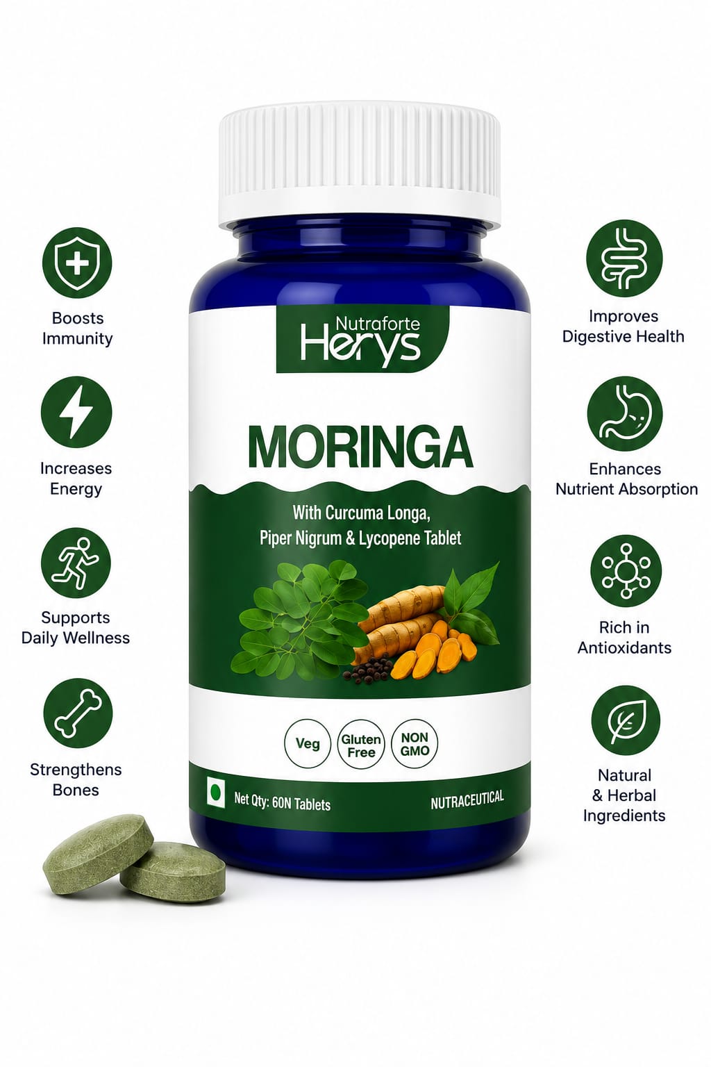 Herys Nutrafort Moringa Tablet with 1000mg Leaves Extract | Moringa Powder Tablets for Immunity, Digestion &amp; Energy | Tablets 60