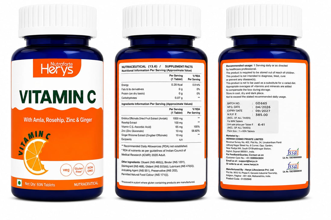 Herys Nutraforte Vitamin C Supplements with Amla &amp; Ginger Extract, Rosehip, Zinc For Immunity &amp; Skincare | Vitamin C Tablets | Vitamin C Supplements - 60 Tablets