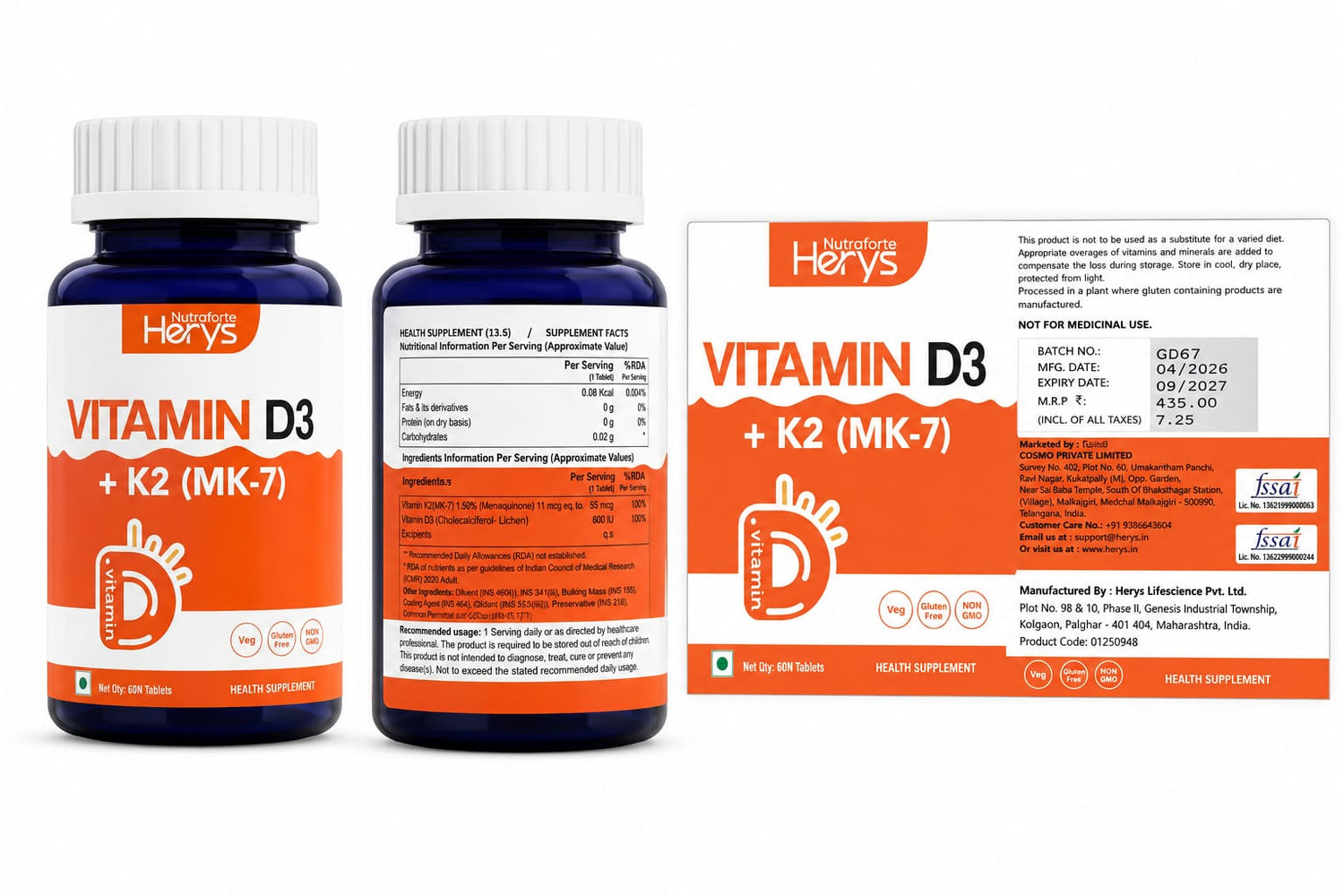Herys Nutrafort Vitamin D3 K2 Supplement | Vitamin K2 MK7 to support Bone &amp; Heart Health | 60 Tablets